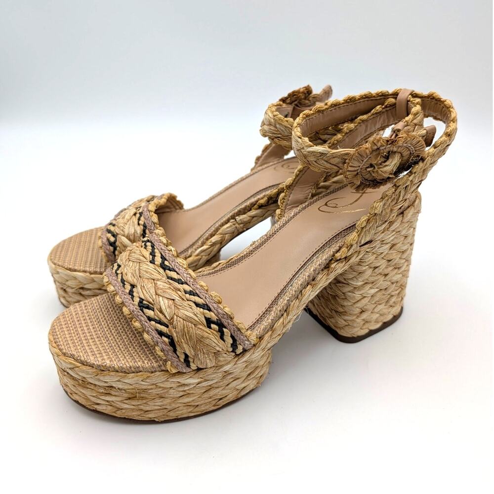 Sam Edelman Iliana Ankle Strap Wedge Sandal Women's Sand Raffia Size US8M EU38.5